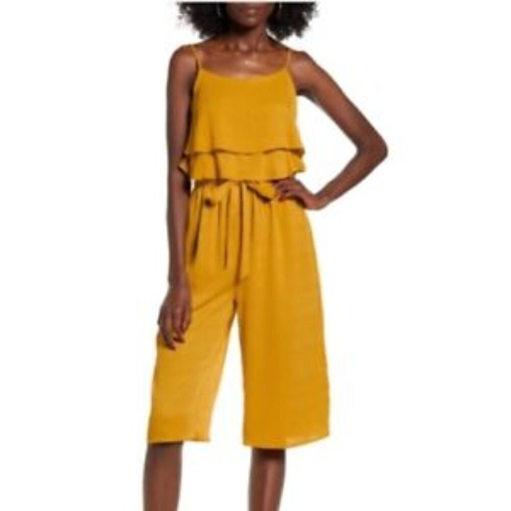 NEW One Clothing Size M Sleeveless Ruffle Pant Jumpsuit Cropped Wide Leg Yellow